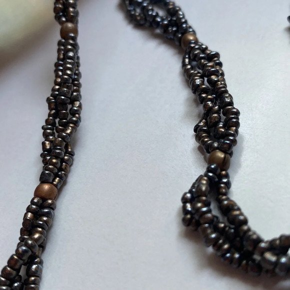 Seed Bead Druzy Triple Strand 24 Inch Necklace Metallic Natural Stone Layered - Picture 3 of 9